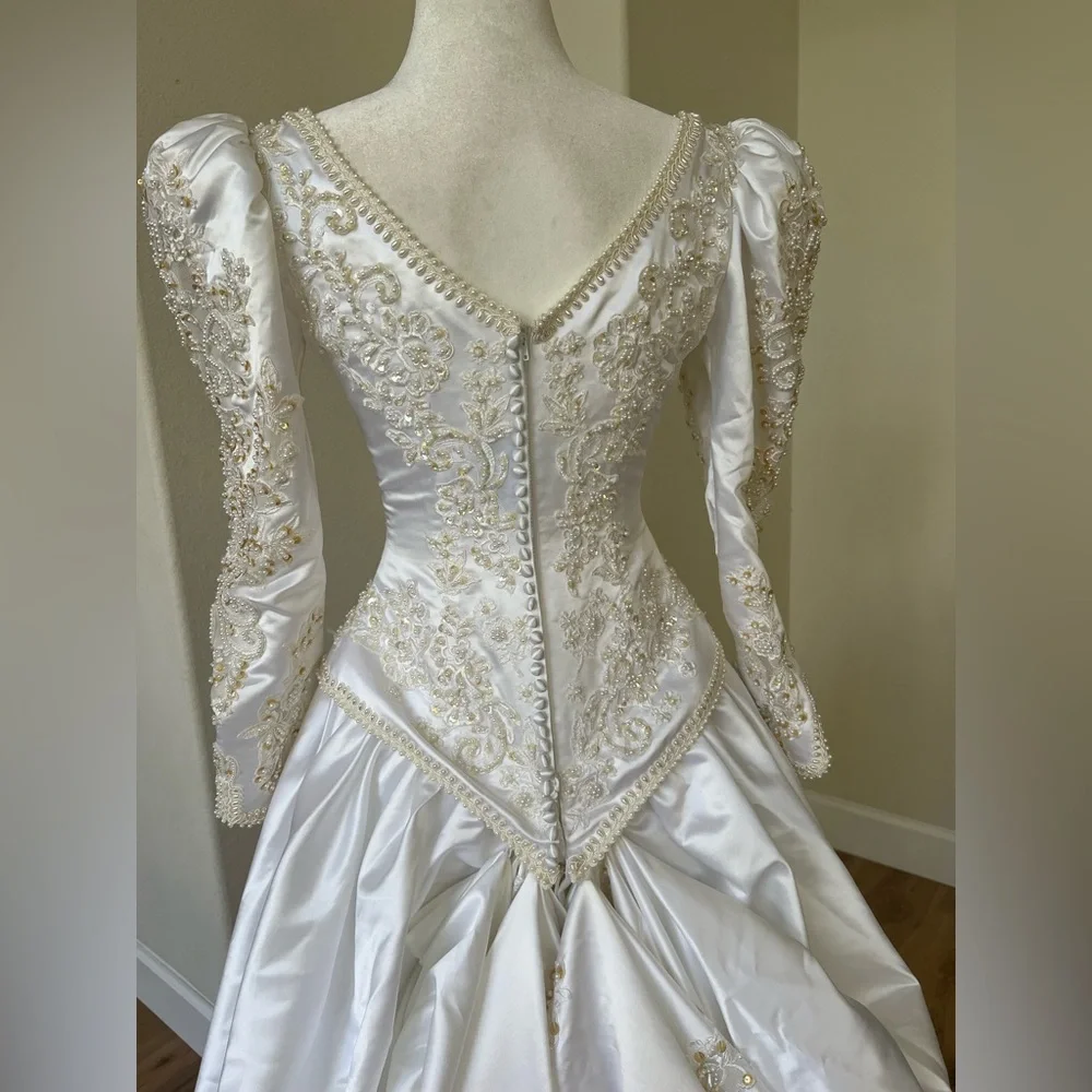Vintage 1980s Pearl Beaded Wedding Gown | Basque Waist | Cathedral Train - Picture 3 of 16